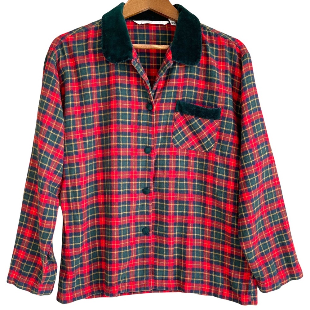 Vintage Victoria’s Secret Country Plaid Flannel PJ Top Womens Sz M Velour Collar